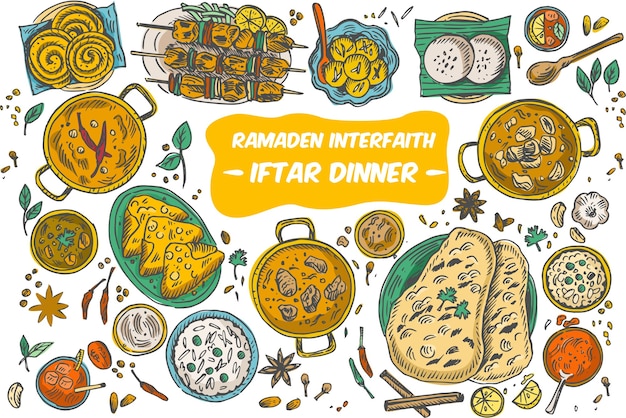 Drawing of top view iftar dinner on the table