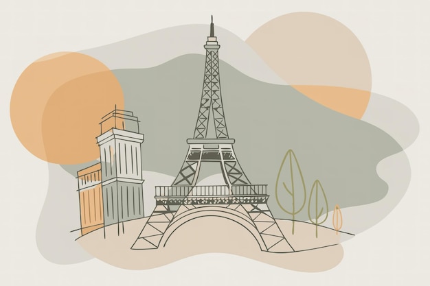 フェンスと建物を背景にした塔の絵