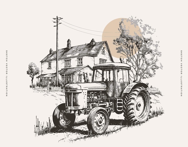 Vector drawing of a tractor in front of a house