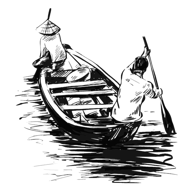 Disegno della tradizionale barca da pesca nel delta del mekong in vietnam.