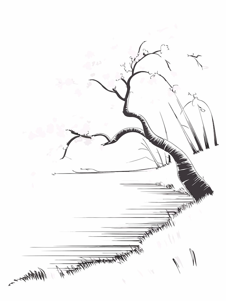 Vector a drawing of a tree and a hill with a fence in the background