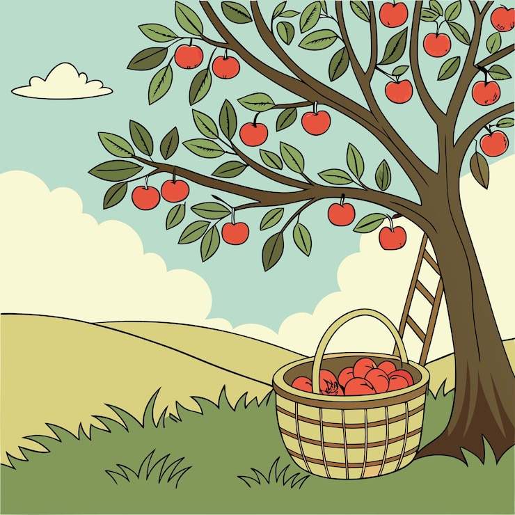 Vector a drawing of a tree with apples hanging from it