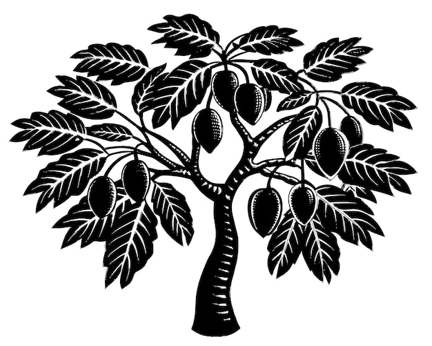 A drawing of a tree with a black and white drawing of a pear