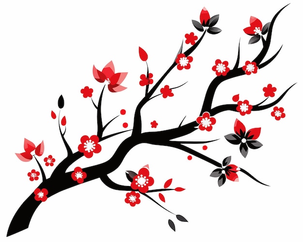 a drawing of a tree with red flowers and branches