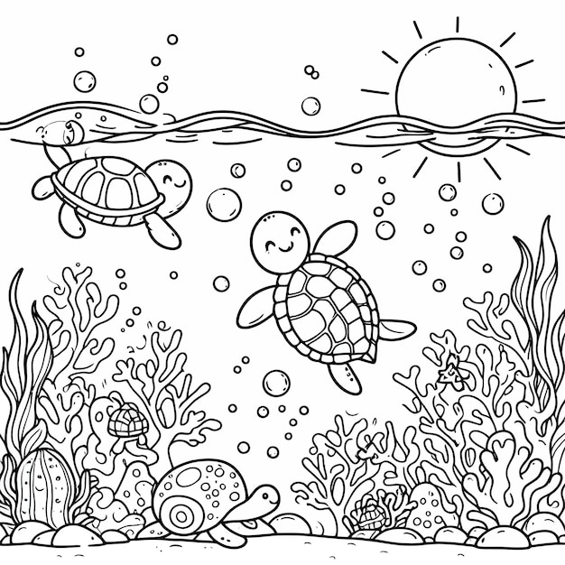 해가 빛나는 바다 에서 수영하는 거북이의 그림