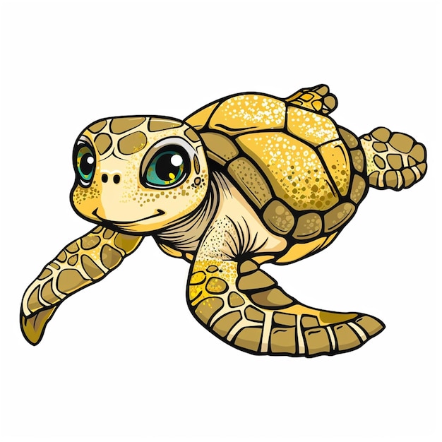 a drawing of a turtle with a green eye and yellow eyes