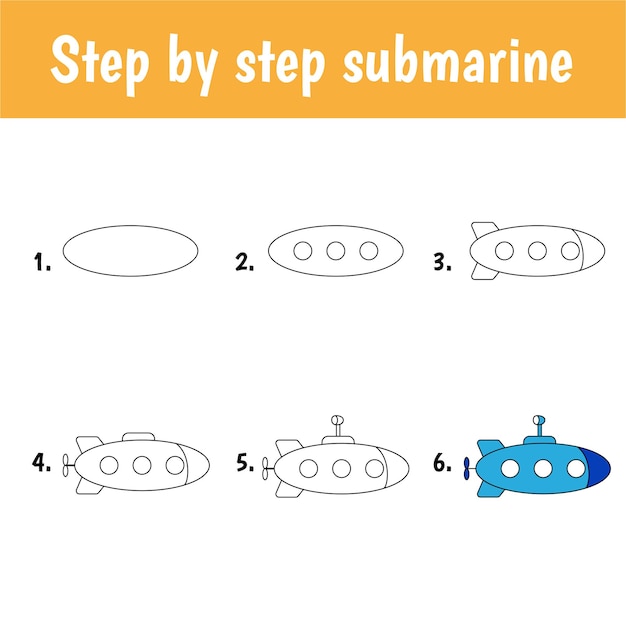 子供のための描画チュートリアル。簡単なレベル。教育シート。潜水艦の描き方