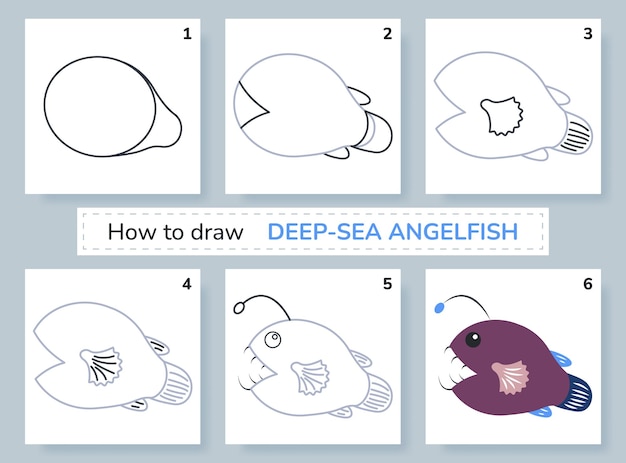 Tutorial di disegno come disegnare un pesce angelo delle profondità marine pagina educativa e di attività per bambini