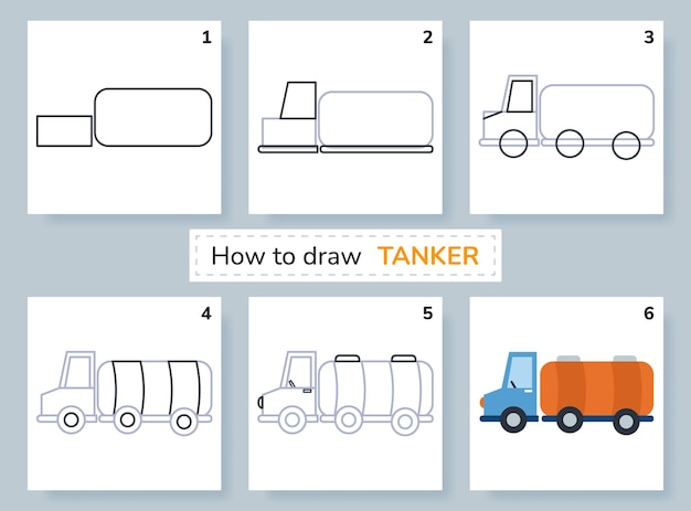 Vector drawing tutorial how to draw gasoline truck education and activity page for preschool and school