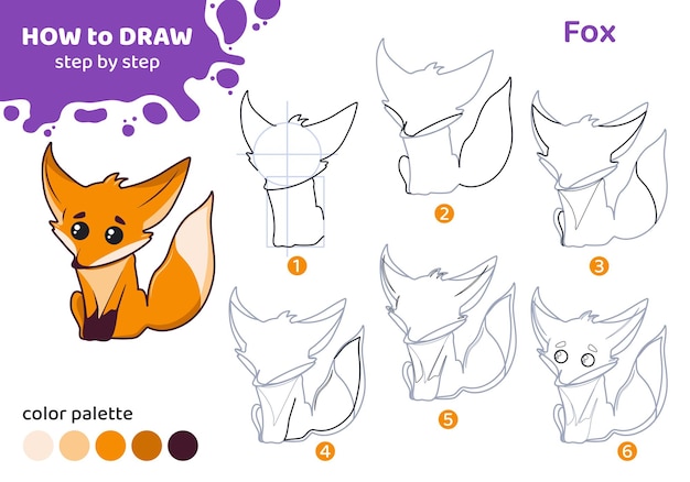 Drawing tutorial for kids Education worksheet How to draw fox Step by step Graphic task