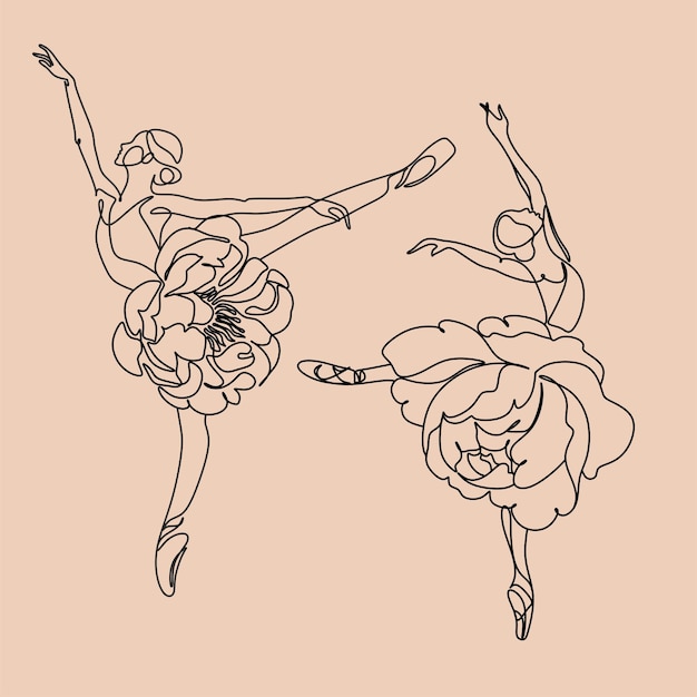 Рисунок двух балерин с цветком слева.