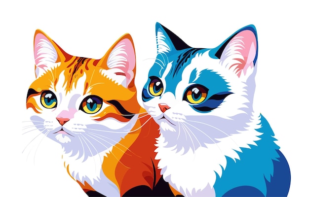 A drawing of two cats with blue eyes and a white and brown face.