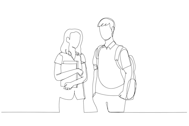 Drawing of two college students stand in from of university Perfect for book cover Continuous line art