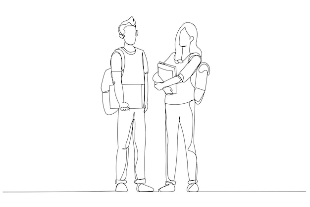 Disegno di due studenti universitari in piedi e in posa davanti alla classe stile artistico a linea continua