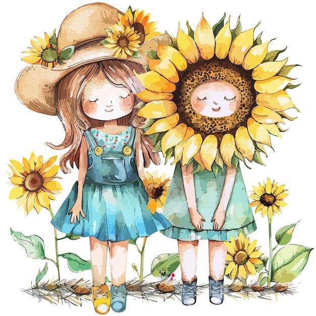 A drawing of two girls with sunflowers and one of them has a