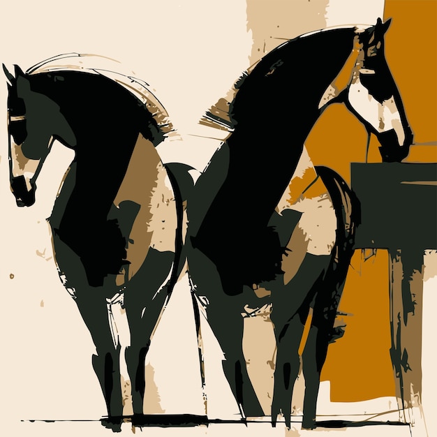 Vector a drawing of two horses with one of them looking at the camera.