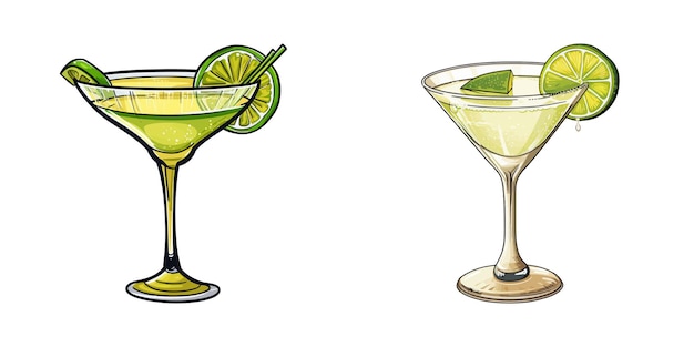 Vettore disegno di due bicchieri di martini con lime su un tavolo