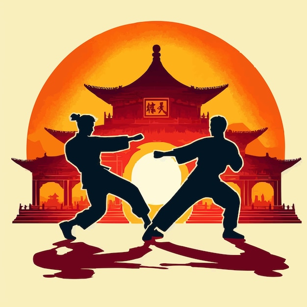 Vector a drawing of two men playing martial arts with an orange background