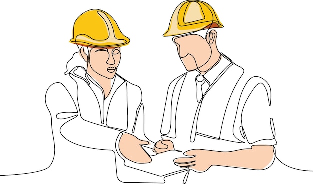 A drawing of two men wearing hard hats, one of which says'the word'on it '