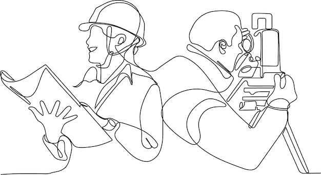 A drawing of two men wearing helmets and one of them is wearing a helmet.