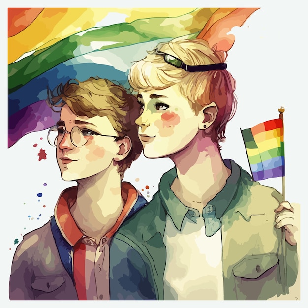 Vector a drawing of two people holding a rainbow flag lgpt pride