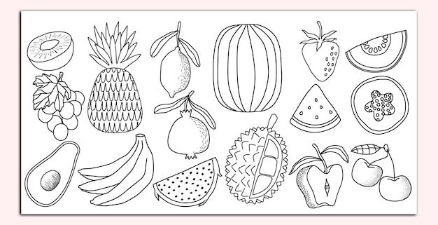 a drawing of a variety of fruits including one that has the word fruit on it
