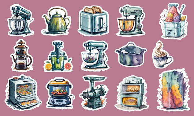 A drawing of a variety of kitchen appliances in watercolor art