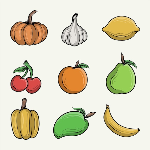 A drawing of various fruits including a pear, pear, pear, and lemon.