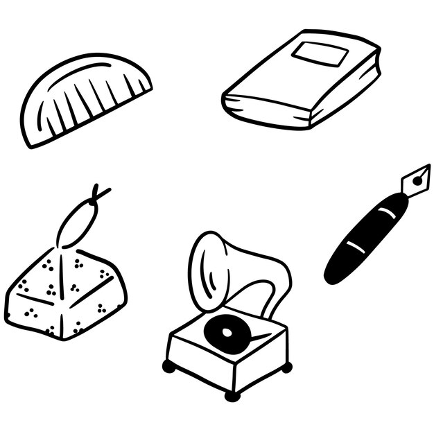 a drawing of various items including a record player, a record player, a record player, a record player, a record player, a record player and a record player.