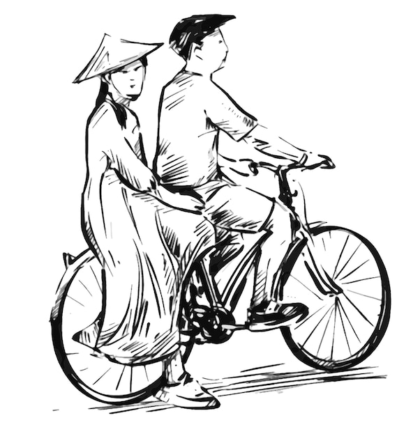 Vector drawing of vietnamese traditional costume wearing ao dai ride a bicycle at hua