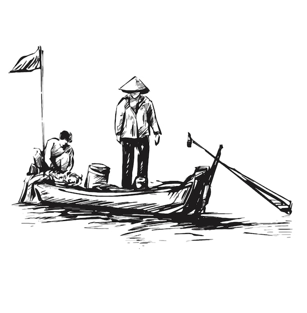 Vector drawing of the vietnamese woman fishermen on the boat