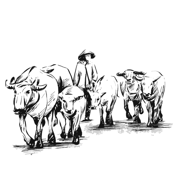 Vector drawing of vietnamese woman with her buffalos