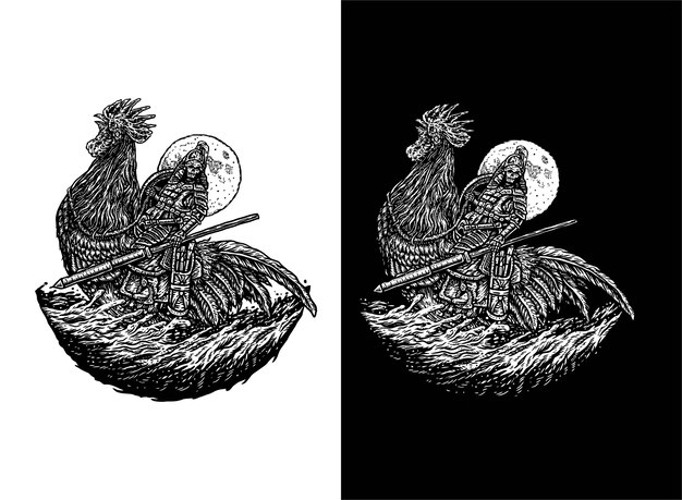 Vector drawing of warrior riding a rooster, isolated on dark and bright background