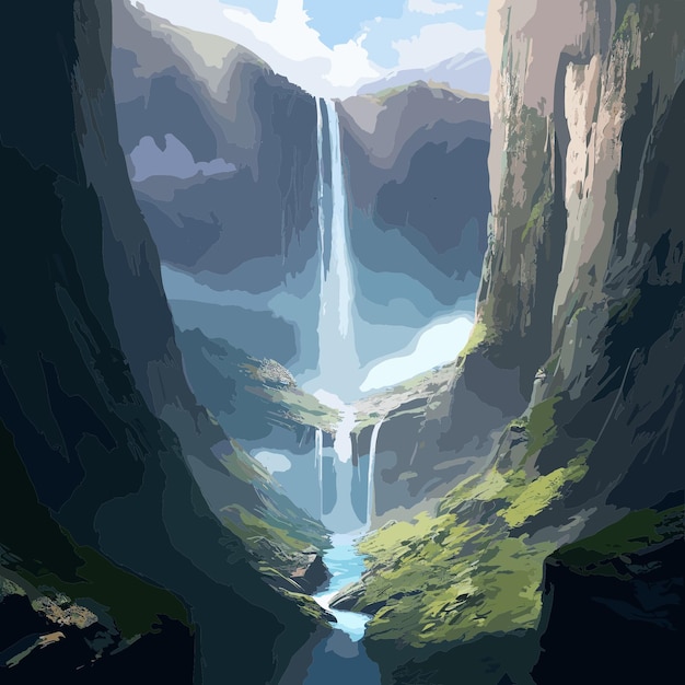 Un disegno di una cascata con una foresta verde sullo sfondo