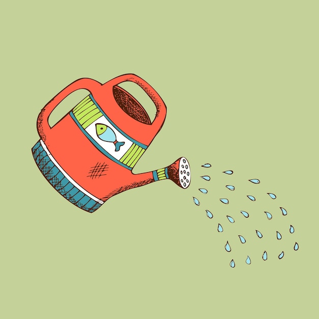 A drawing of a watering can with a blue fish on it.