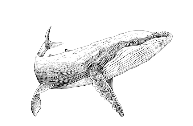 A drawing of a whale with a tail and tail.