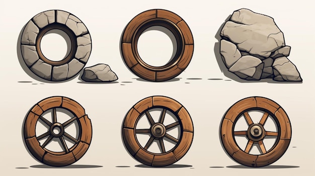 Vettore un disegno di una ruota con un bordo di legno e una grande roccia al centro