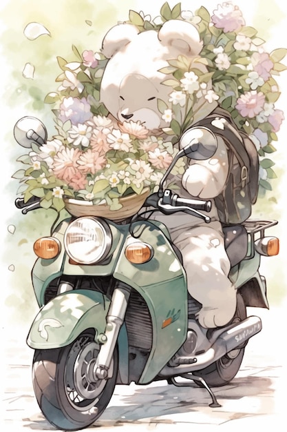 A drawing of a white dog on a motorcycle with flowers on the back.