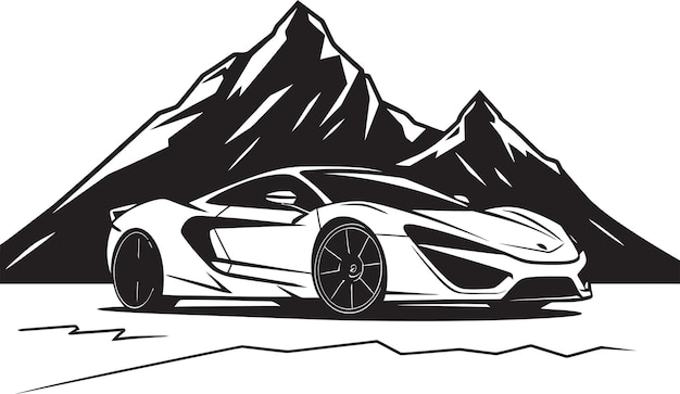 Vector a drawing of a white sports car with a mountain in the background