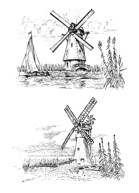 Vector a drawing of a windmill and a windmill.