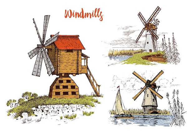 A drawing of a windmill and windmills with the word wind on it.