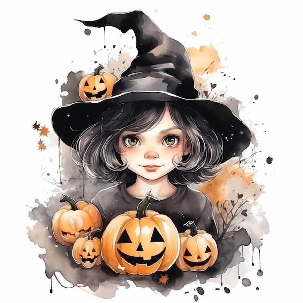 A drawing of a witch with a pumpkin on it