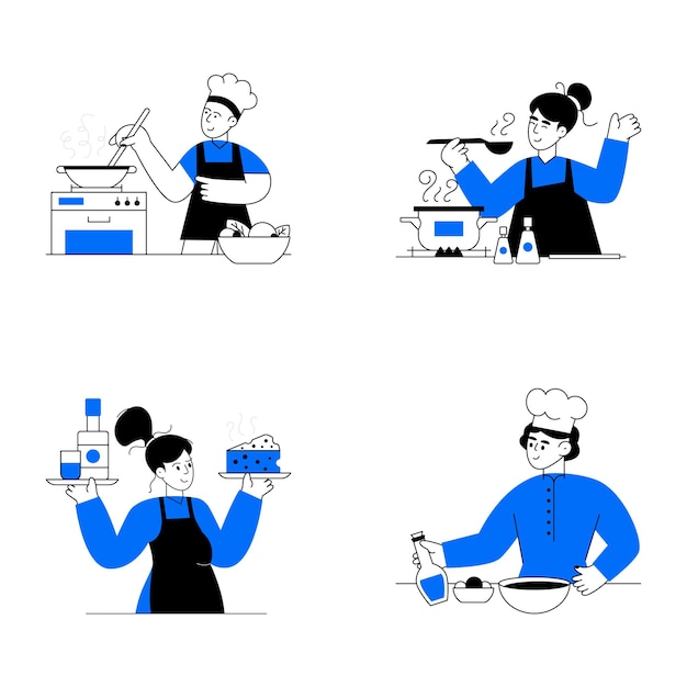 A drawing of a woman cooking in a kitchen.