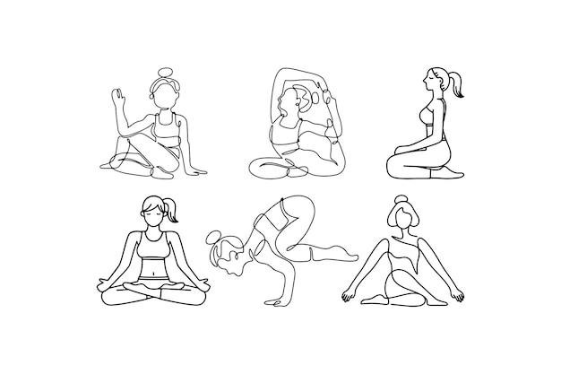 背景に座っている他の人々とヨガの練習をしている女性の絵