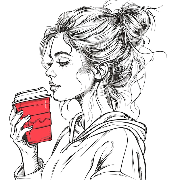 Vector a drawing of a woman holding a red cup with a red plastic lid