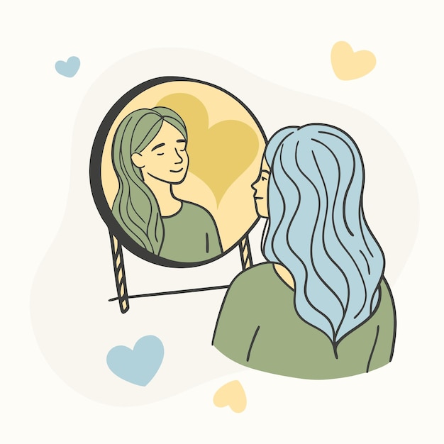 얼굴을 바라보는 여자의 반사와 함께 거울을 바라보고 있는 여자의 그림