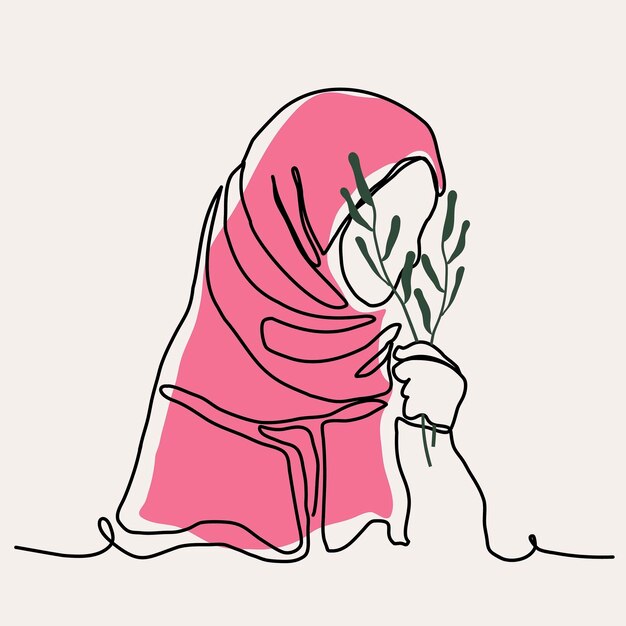 Vector a drawing of a woman in a pink hijab holding a plant