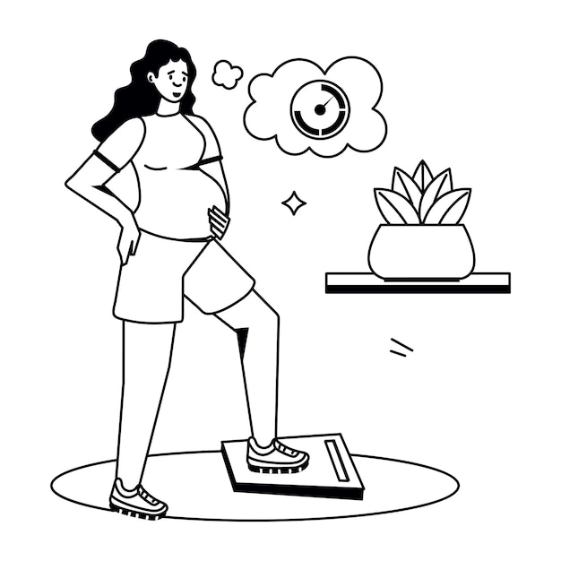 Vector a drawing of a woman on a scale with a pot and a plant on it