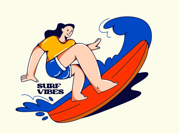 Vector a drawing of a woman on a surfboard that says surfboards