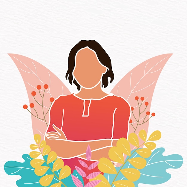 A drawing of a woman with arms crossed and red sweater stands among flowers and leaves